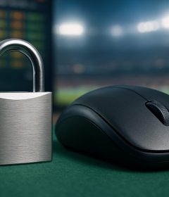 A close-up of a padlock next to a computer mouse on a green surface, with a blurry background suggesting an online gamin