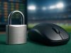 A close-up of a padlock next to a computer mouse on a green surface, with a blurry background suggesting an online gamin