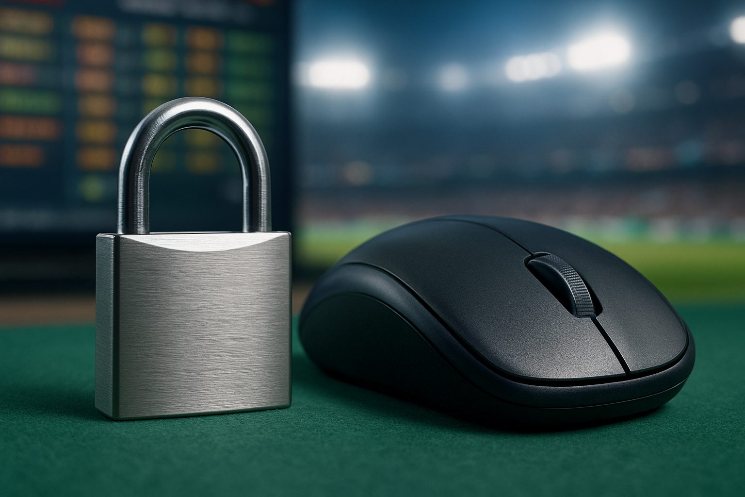 A close-up of a padlock next to a computer mouse on a green surface, with a blurry background suggesting an online gamin