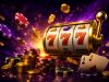 A vibrant illustration of a slot machine with falling coins and poker chips, representing online gambling elements.