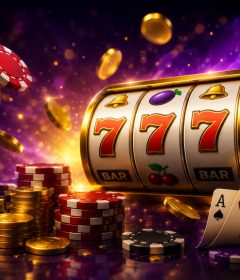 A vibrant illustration of a slot machine with falling coins and poker chips, representing online gambling elements.