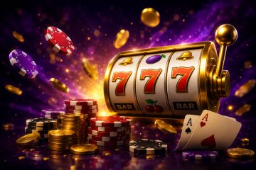 A vibrant illustration of a slot machine with falling coins and poker chips, representing online gambling elements.