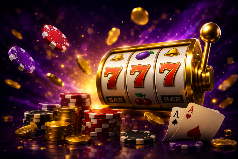 A vibrant illustration of a slot machine with falling coins and poker chips, representing online gambling elements.