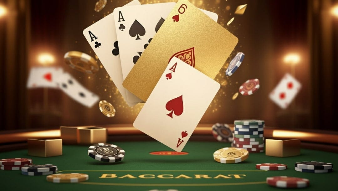 A spread of playing cards and poker chips on a gaming table