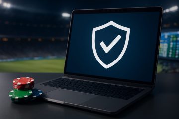 A laptop displaying a shield symbol with a check mark next to stacks of poker chips on a dark surface