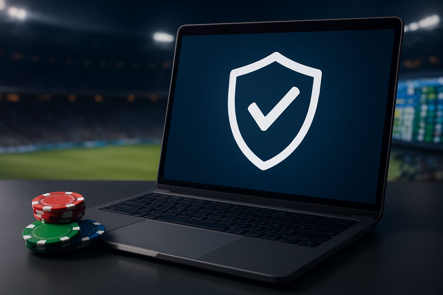 A laptop displaying a shield symbol with a check mark next to stacks of poker chips on a dark surface